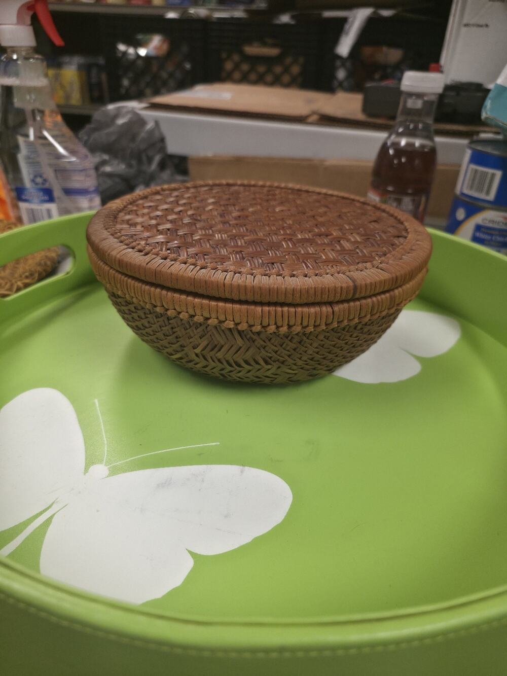 Vintage Handwoven Bamboo Basket with Lid Round Wicker Storage Container